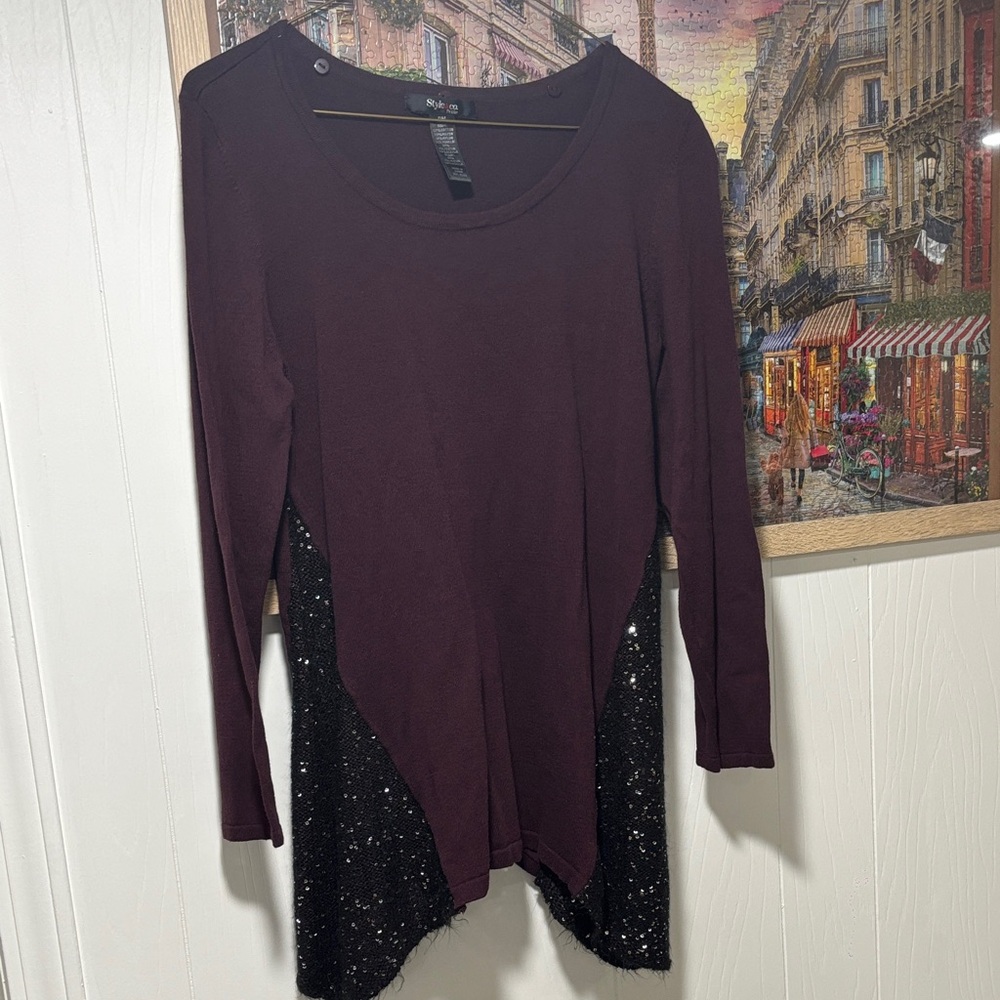 Burgundy and Black Sequin Long Sleeve Top